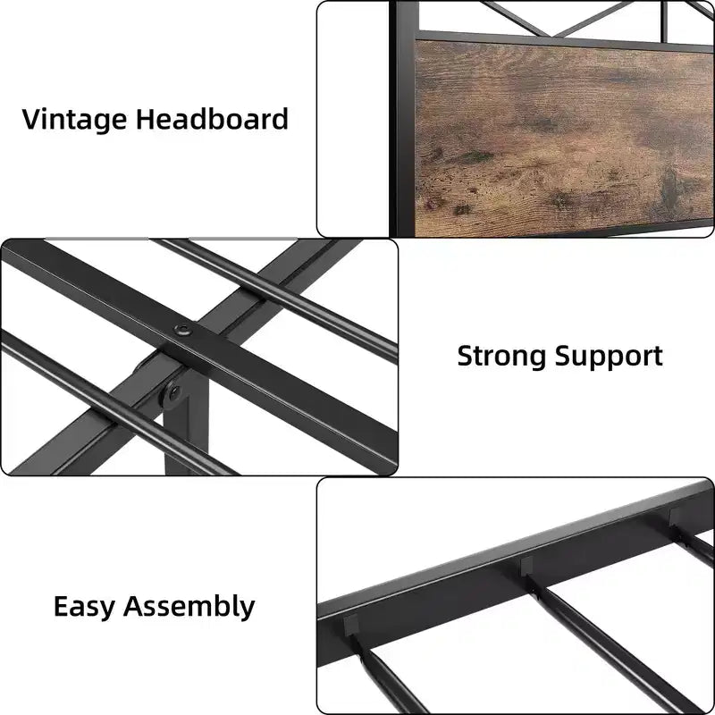 Cadre de lit avec tête de lit, Cadre de lit plateforme King industriel, Support à lattes métalliques solides, Rangement sous le lit de 28 cm