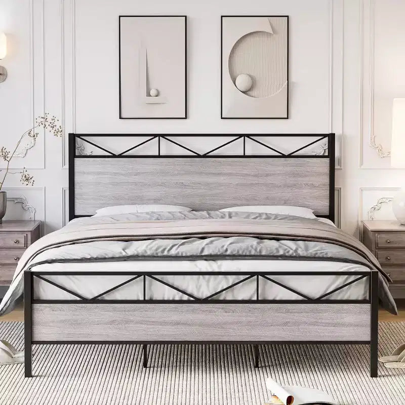 Cadre de lit avec tête de lit, Cadre de lit plateforme King industriel, Support à lattes métalliques solides, Rangement sous le lit de 28 cm