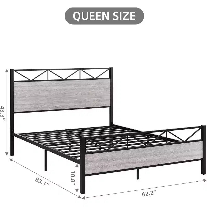 Cadre de lit avec tête de lit, Cadre de lit plateforme King industriel, Support à lattes métalliques solides, Rangement sous le lit de 28 cm