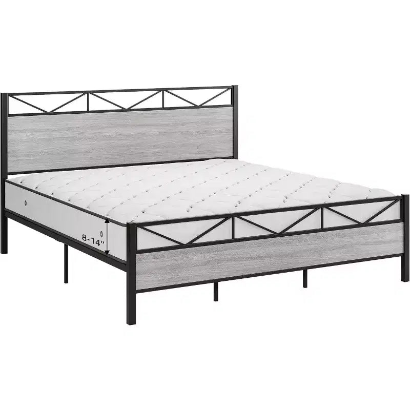 Cadre de lit avec tête de lit, Cadre de lit plateforme King industriel, Support à lattes métalliques solides, Rangement sous le lit de 28 cm