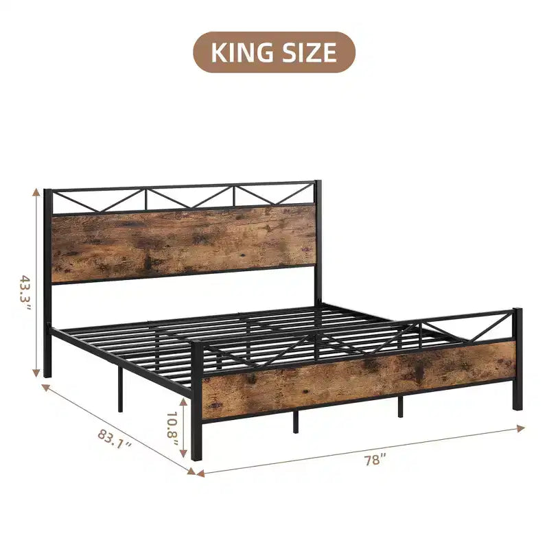 Cadre de lit avec tête de lit, Cadre de lit plateforme King industriel, Support à lattes métalliques solides, Rangement sous le lit de 28 cm