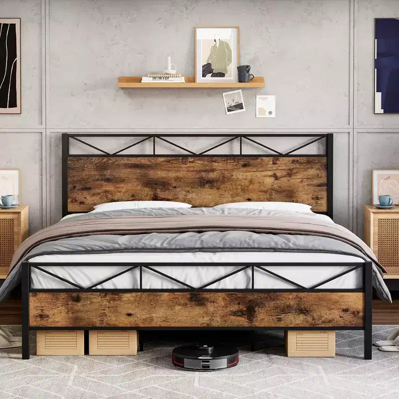 Cadre de lit avec tête de lit, Cadre de lit plateforme King industriel, Support à lattes métalliques solides, Rangement sous le lit de 28 cm