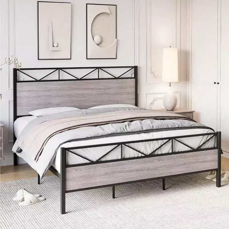 Bed Frame with Headboard, Industrial Platform King Bed Frame, Strong Metal Slats Support, 11'' Under-Bed Storage