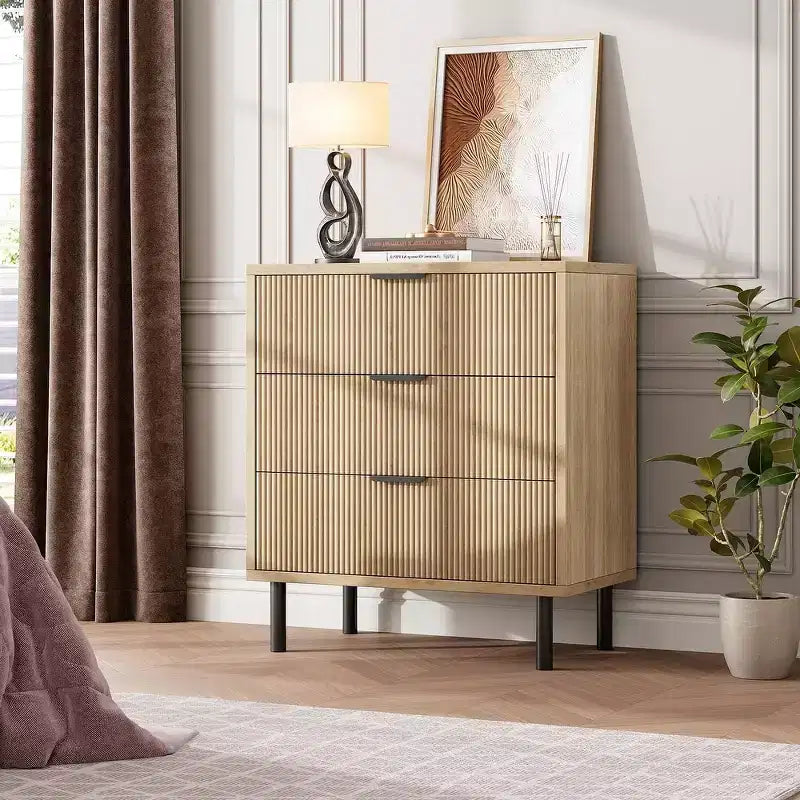 Modern Fluted 3/5/6 Drawer Dresser with Metal Legs, Wood Chest of Drawers Storage Cabinet, Nightstand Organizer for Bedroom, Entryway, Hallway