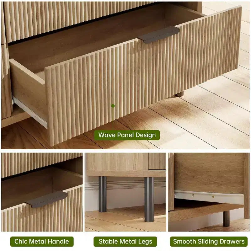 Commode moderne cannelée à 3/5/6 tiroirs avec pieds en métal, meuble de rangement en bois, table de chevet pour chambre à coucher, entrée, couloir