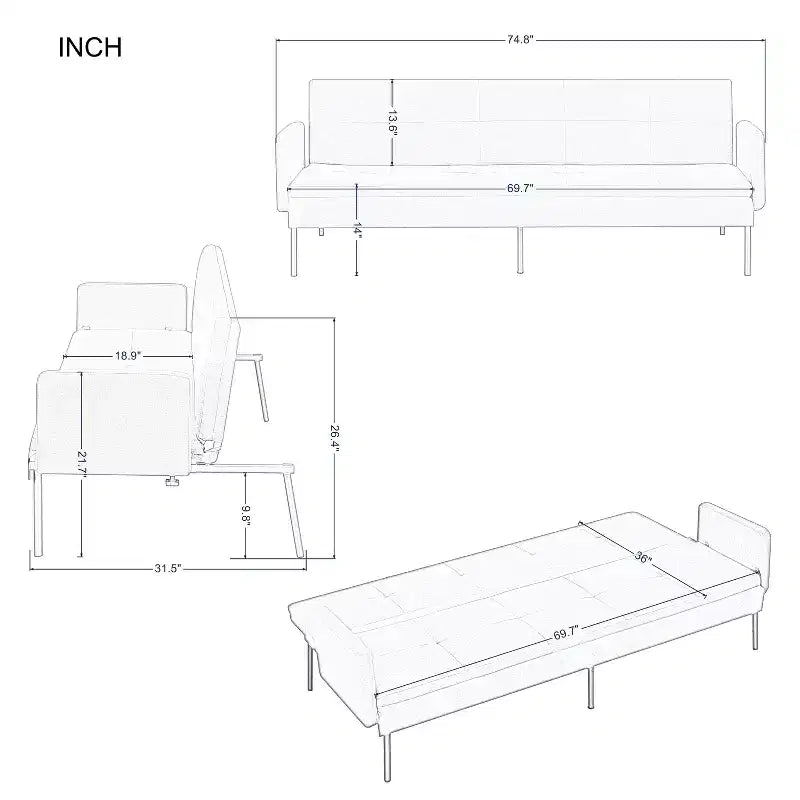 Canapé-lit futon convertible MAYEERTY 74.8 avec dossier réglable sur 5 positions