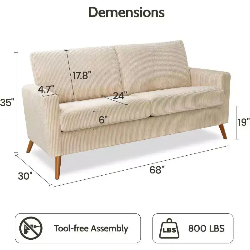 Dyonery 68 Canapé en tissu confortable avec coussin à ressorts en bois massif, siège profond moderne