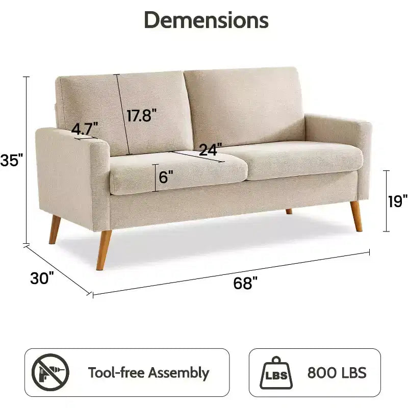 Dyonery 68 Canapé en tissu confortable avec coussin à ressorts en bois massif, siège profond moderne