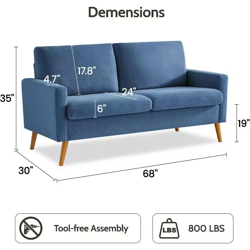 Dyonery 68 Canapé en tissu confortable avec coussin à ressorts en bois massif, siège profond moderne