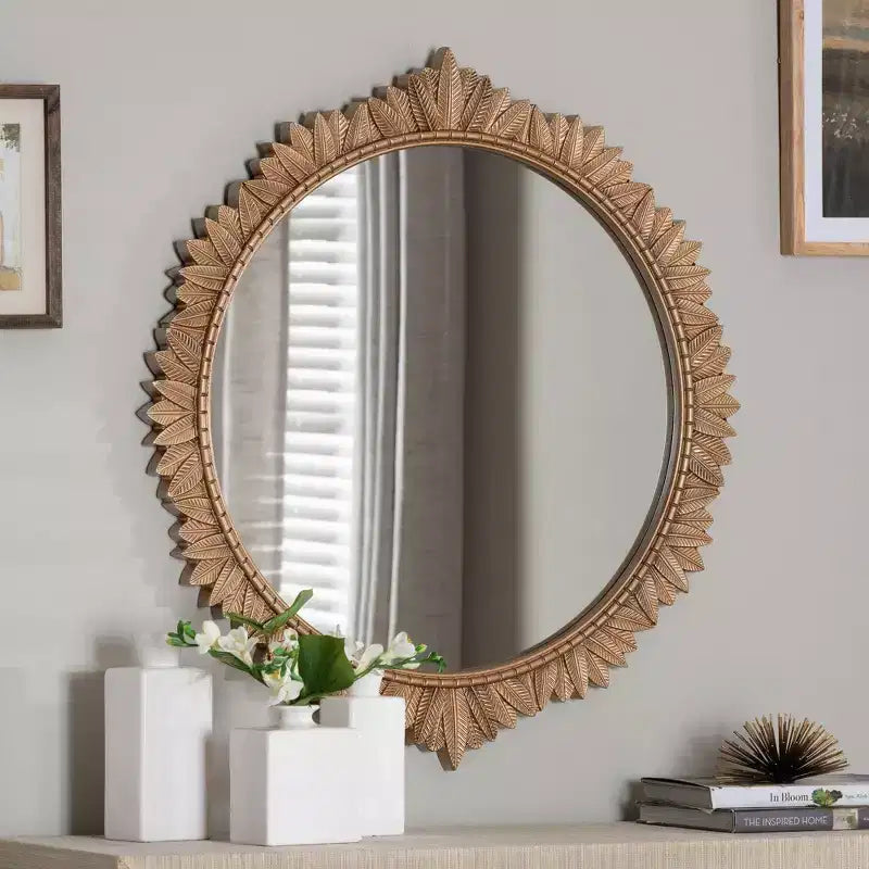 Baxton Studio Caitlin Antique Gold Finished Wood Round Accent Wall Mirror with Carved Leaf Border