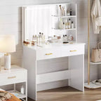 Coiffeuse WAYES avec miroir LED, table de maquillage blanche de 91 cm pour chambre à coucher, tiroirs et étagères de rangement, finition blanche