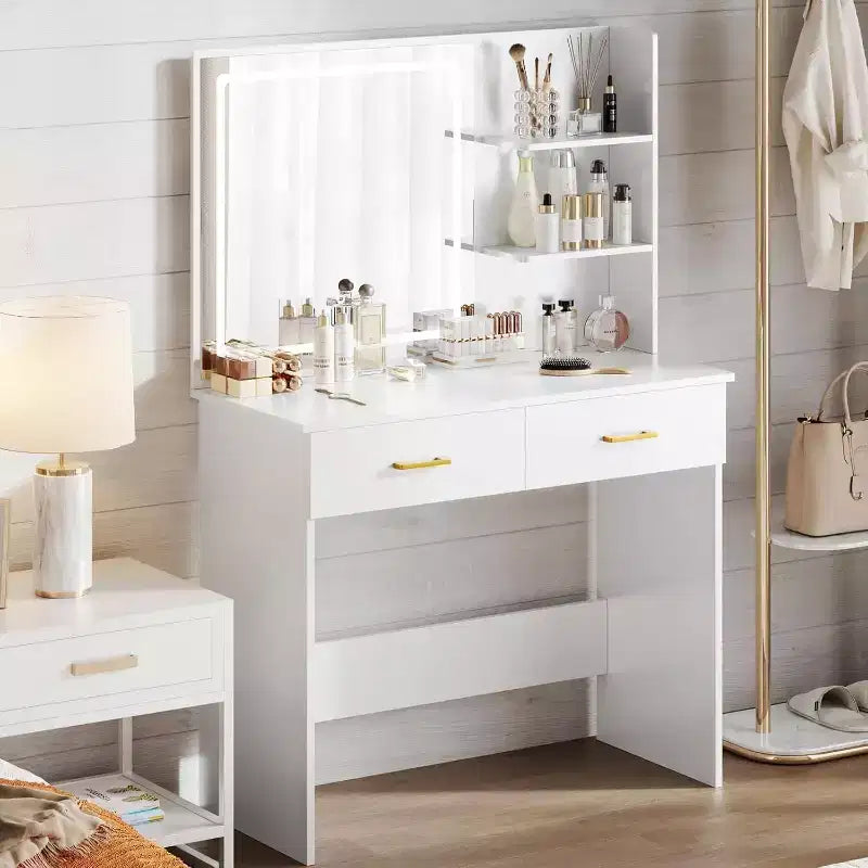 Coiffeuse WAYES avec miroir LED, table de maquillage blanche de 91 cm pour chambre à coucher, tiroirs et étagères de rangement, finition blanche