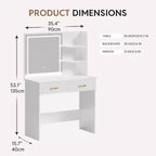 Coiffeuse WAYES avec miroir LED, table de maquillage blanche de 91 cm pour chambre à coucher, tiroirs et étagères de rangement, finition blanche