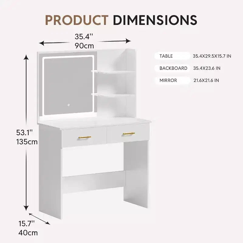 Coiffeuse WAYES avec miroir LED, table de maquillage blanche de 91 cm pour chambre à coucher, tiroirs et étagères de rangement, finition blanche