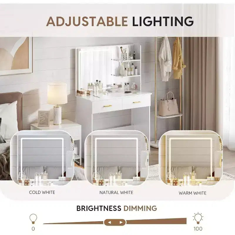 Coiffeuse WAYES avec miroir LED, table de maquillage blanche de 91 cm pour chambre à coucher, tiroirs et étagères de rangement, finition blanche