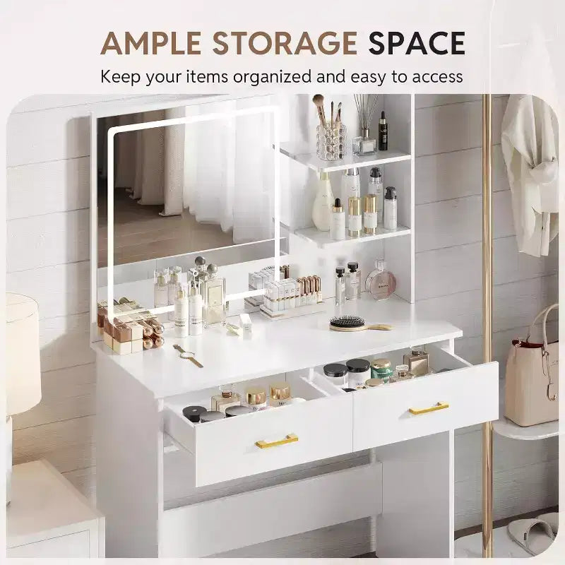 Coiffeuse WAYES avec miroir LED, table de maquillage blanche de 91 cm pour chambre à coucher, tiroirs et étagères de rangement, finition blanche