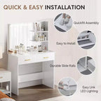 Coiffeuse WAYES avec miroir LED, table de maquillage blanche de 91 cm pour chambre à coucher, tiroirs et étagères de rangement, finition blanche