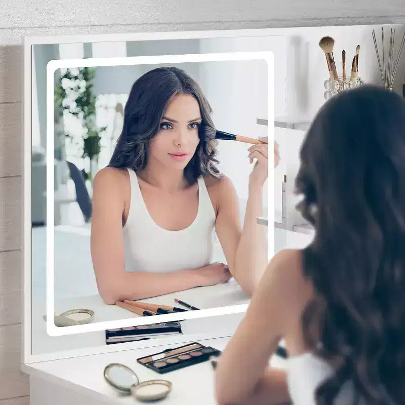 Coiffeuse WAYES avec miroir LED, table de maquillage blanche de 91 cm pour chambre à coucher, tiroirs et étagères de rangement, finition blanche