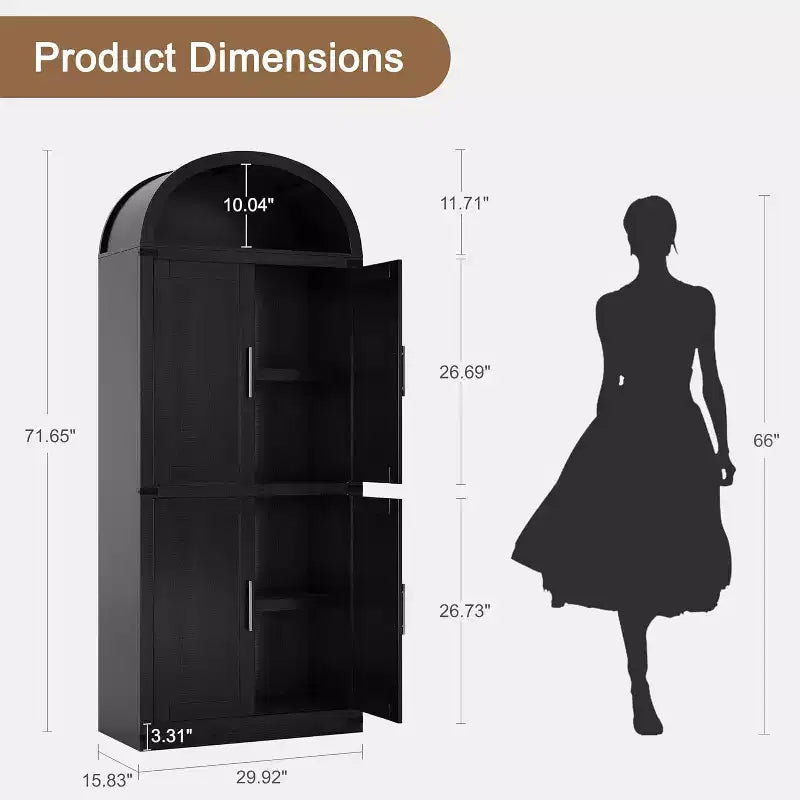 Étagère voûtée de 72 po avec 4 portes - Bibliothèque de style moderne champêtre avec étagère ouverte pour salon et chambre à coucher (noir)