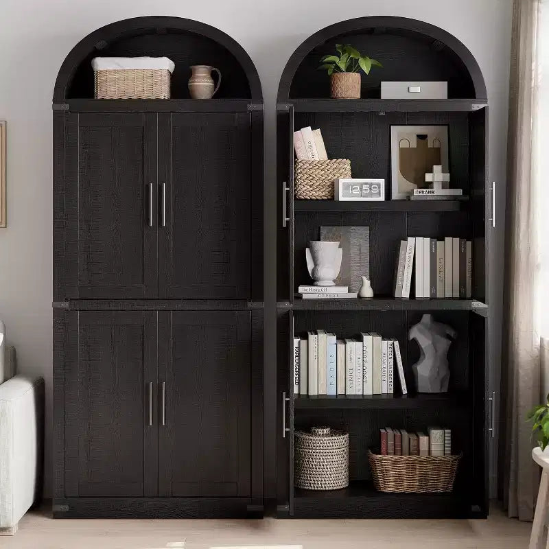 Étagère voûtée de 72 po avec 4 portes - Bibliothèque de style moderne champêtre avec étagère ouverte pour salon et chambre à coucher (noir)