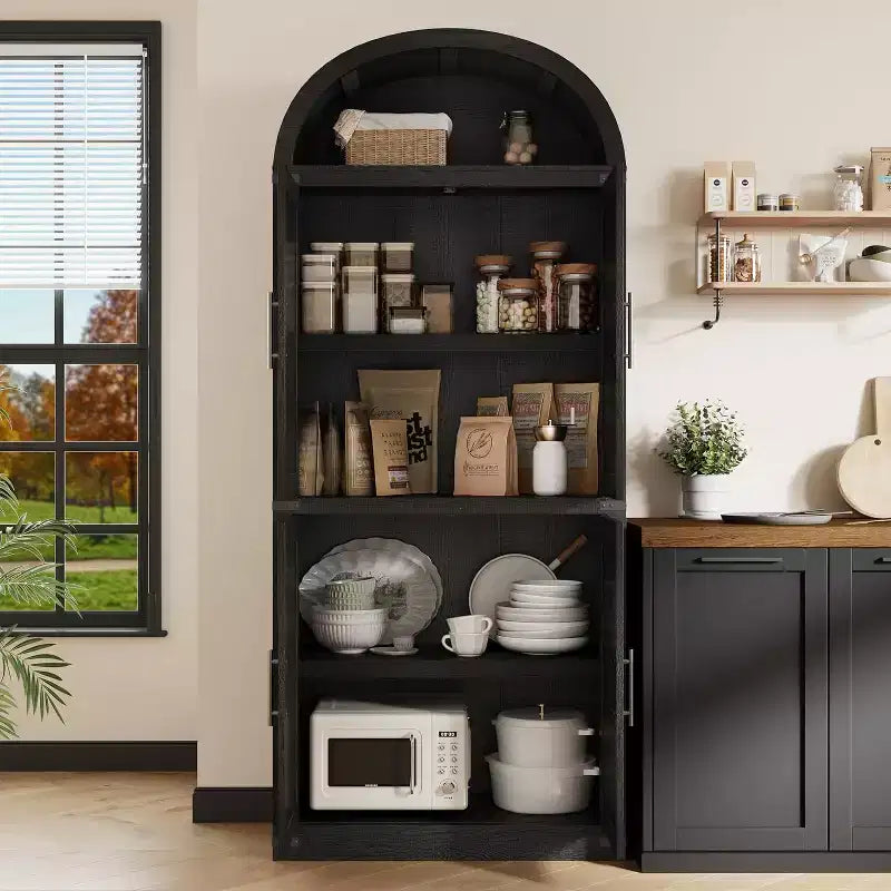 Étagère voûtée de 72 po avec 4 portes - Bibliothèque de style moderne champêtre avec étagère ouverte pour salon et chambre à coucher (noir)