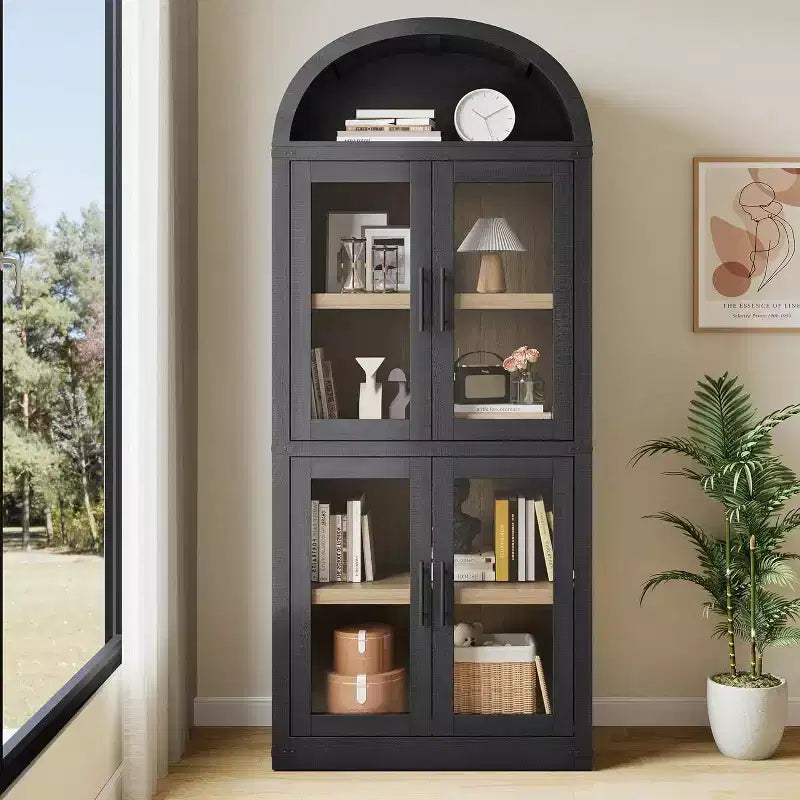 Étagère voûtée de 72 po avec 4 portes - Bibliothèque de style moderne champêtre avec étagère ouverte pour salon et chambre à coucher (noir)