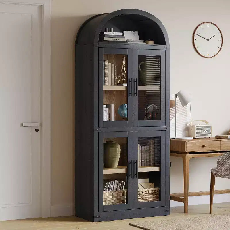 Étagère voûtée de 72 po avec 4 portes - Bibliothèque de style moderne champêtre avec étagère ouverte pour salon et chambre à coucher (noir)
