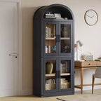 Étagère voûtée de 72 po avec 4 portes - Bibliothèque de style moderne champêtre avec étagère ouverte pour salon et chambre à coucher (noir)
