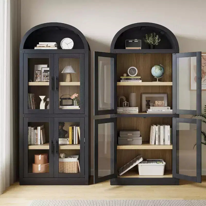 Étagère voûtée de 72 po avec 4 portes - Bibliothèque de style moderne champêtre avec étagère ouverte pour salon et chambre à coucher (noir)