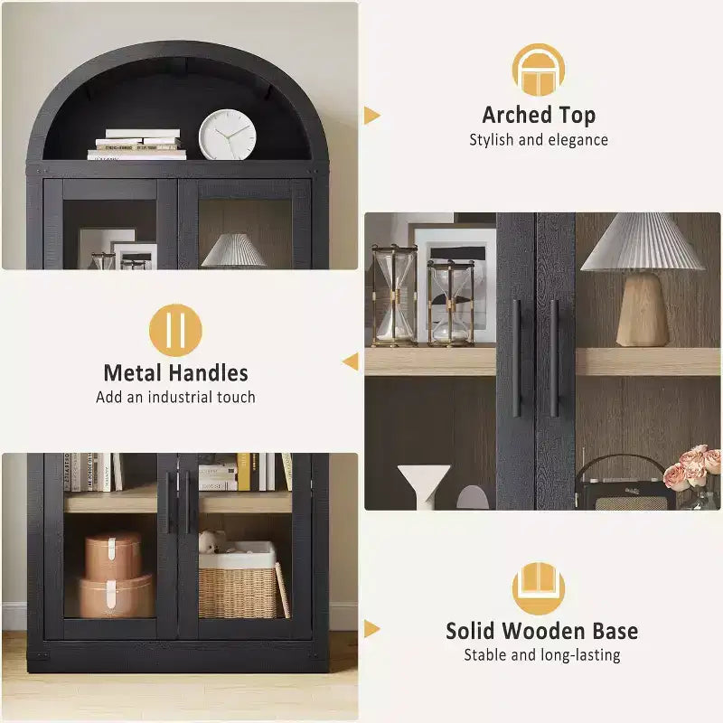 Étagère voûtée de 72 po avec 4 portes - Bibliothèque de style moderne champêtre avec étagère ouverte pour salon et chambre à coucher (noir)
