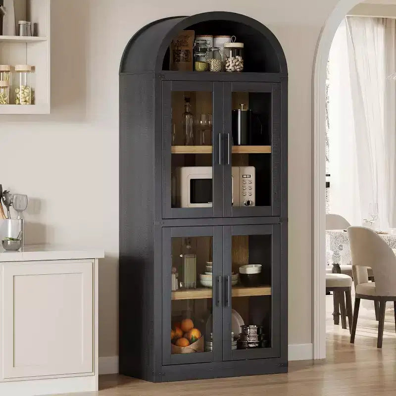 Étagère voûtée de 72 po avec 4 portes - Bibliothèque de style moderne champêtre avec étagère ouverte pour salon et chambre à coucher (noir)