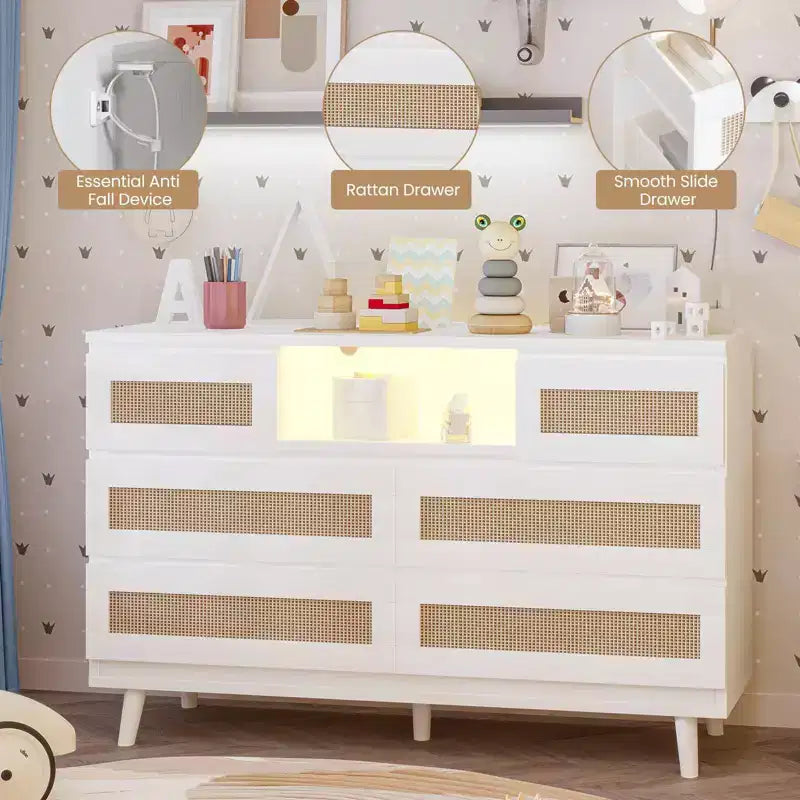 Commode en rotin à 6 tiroirs, commode durable en bois naturel, 6 tiroirs, meuble TV, armoire de rangement pour chambre d'enfant, entrée, chambre à coucher, couloir