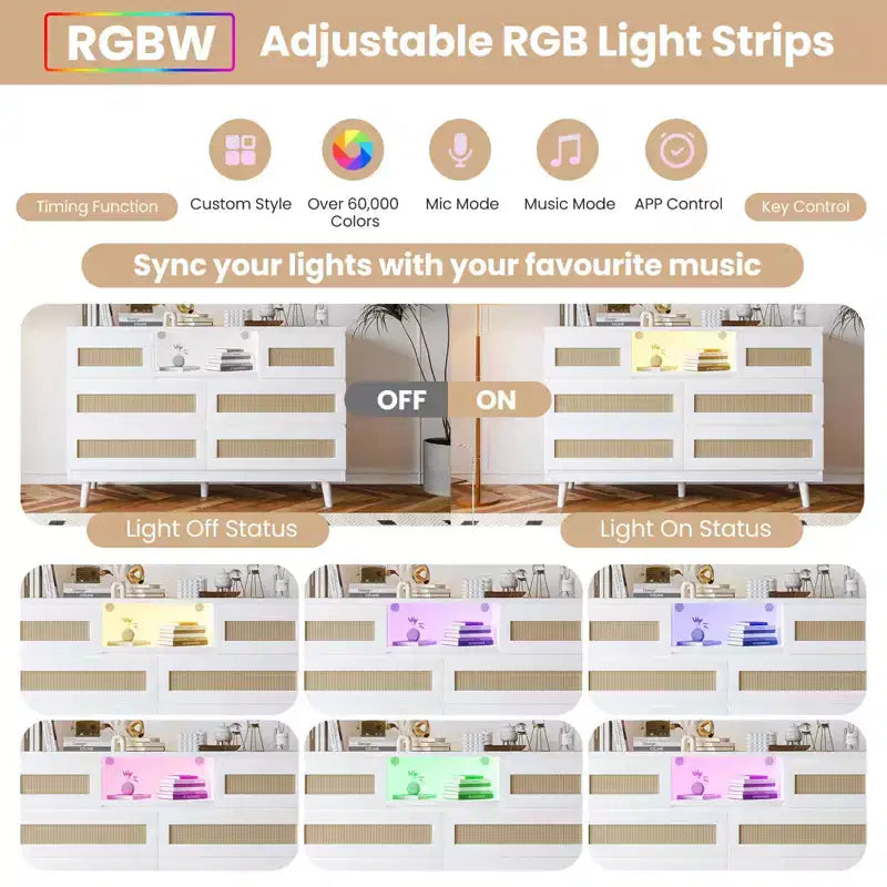 Commode en rotin à 6 tiroirs, commode durable en bois naturel, 6 tiroirs, meuble TV, armoire de rangement pour chambre d'enfant, entrée, chambre à coucher, couloir