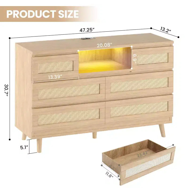 Commode en rotin à 6 tiroirs, commode durable en bois naturel, 6 tiroirs, meuble TV, armoire de rangement pour chambre d'enfant, entrée, chambre à coucher, couloir