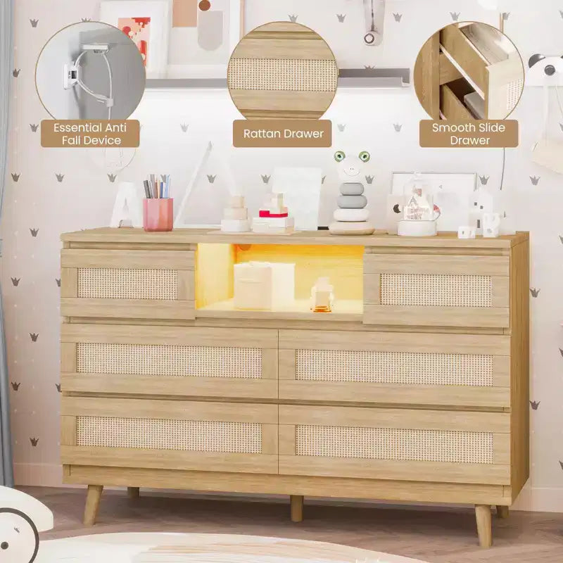 Commode en rotin à 6 tiroirs, commode durable en bois naturel, 6 tiroirs, meuble TV, armoire de rangement pour chambre d'enfant, entrée, chambre à coucher, couloir