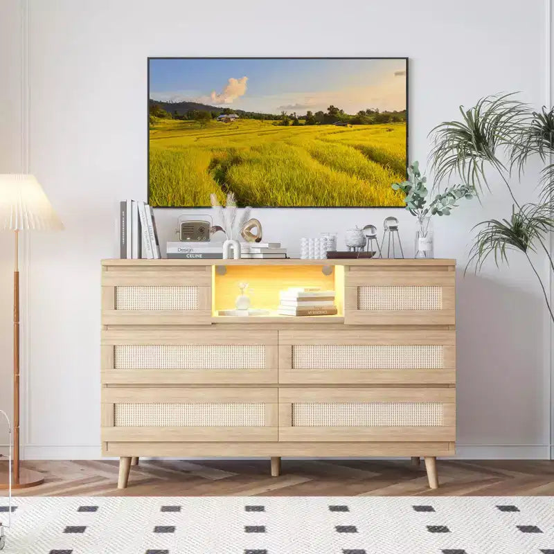 Commode en rotin à 6 tiroirs, commode durable en bois naturel, 6 tiroirs, meuble TV, armoire de rangement pour chambre d'enfant, entrée, chambre à coucher, couloir
