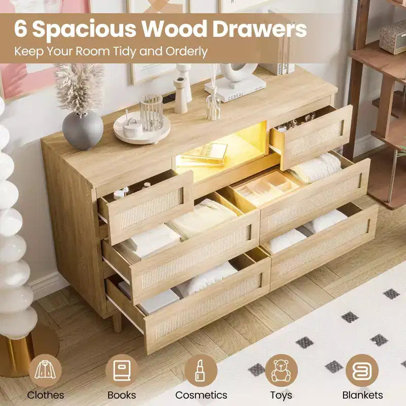 Commode en rotin à 6 tiroirs, commode durable en bois naturel, 6 tiroirs, meuble TV, armoire de rangement pour chambre d'enfant, entrée, chambre à coucher, couloir