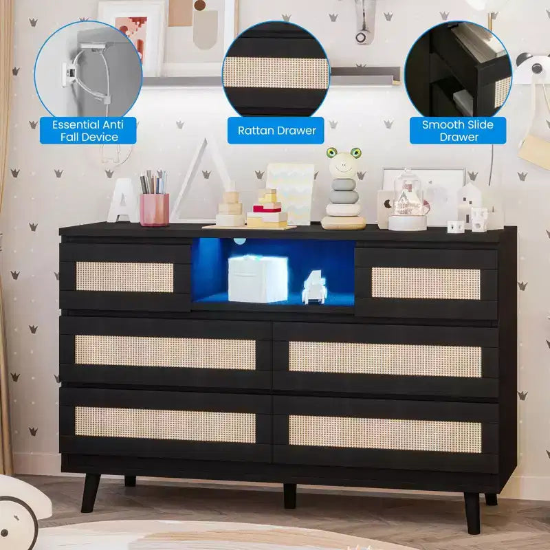 Commode en rotin à 6 tiroirs, commode durable en bois naturel, 6 tiroirs, meuble TV, armoire de rangement pour chambre d'enfant, entrée, chambre à coucher, couloir