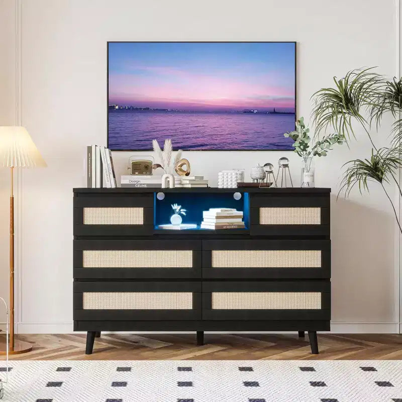Commode en rotin à 6 tiroirs, commode durable en bois naturel, 6 tiroirs, meuble TV, armoire de rangement pour chambre d'enfant, entrée, chambre à coucher, couloir