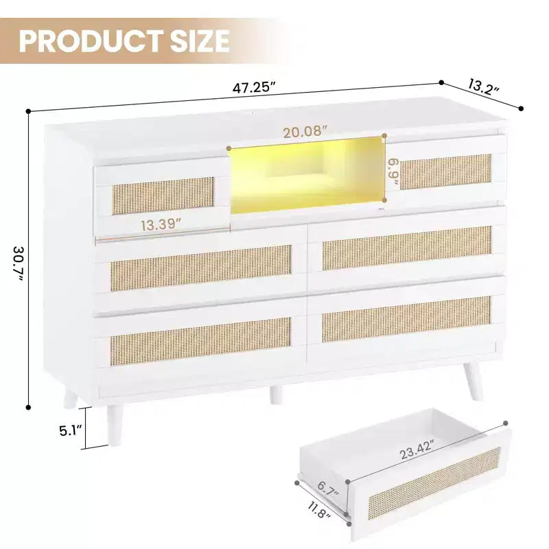 Commode en rotin à 6 tiroirs, commode durable en bois naturel, 6 tiroirs, meuble TV, armoire de rangement pour chambre d'enfant, entrée, chambre à coucher, couloir