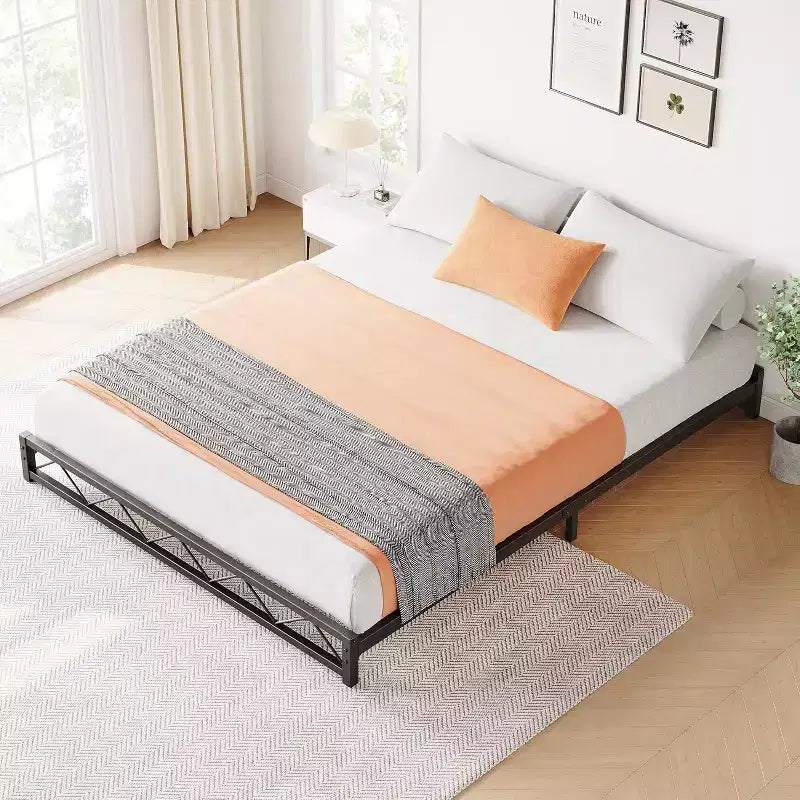 1-Piece Wavy Metal Platform Bed - 6 Low Profile Queen Size, Steel Slats No Box Spring Needed, Fits Standard Mattress