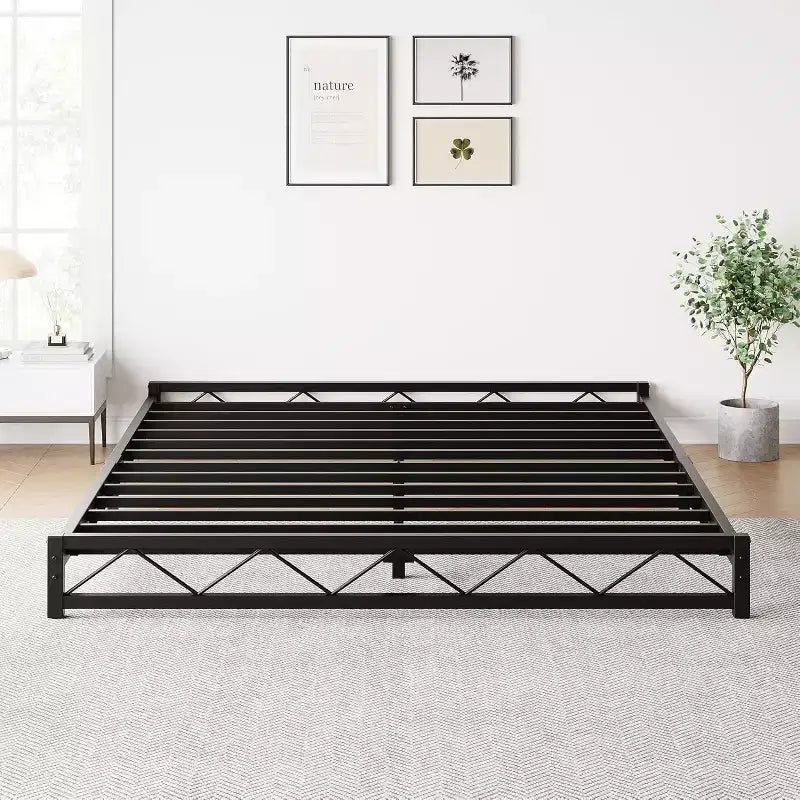 1-Piece Wavy Metal Platform Bed - 6 Low Profile Queen Size, Steel Slats No Box Spring Needed, Fits Standard Mattress