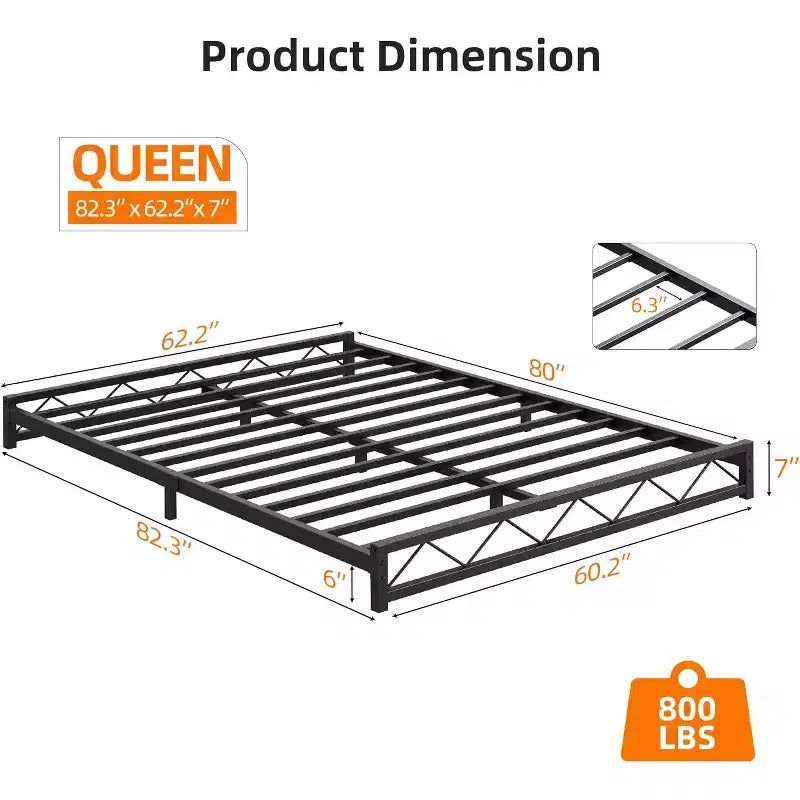 1-Piece Wavy Metal Platform Bed - 6 Low Profile Queen Size, Steel Slats No Box Spring Needed, Fits Standard Mattress