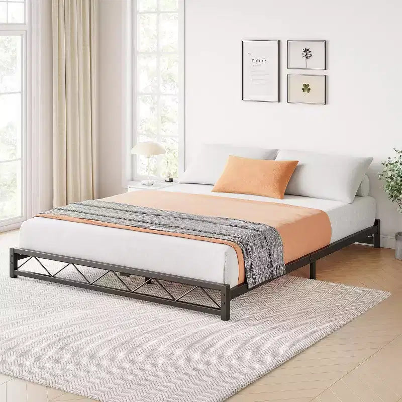 1-Piece Wavy Metal Platform Bed - 6 Low Profile Queen Size, Steel Slats No Box Spring Needed, Fits Standard Mattress
