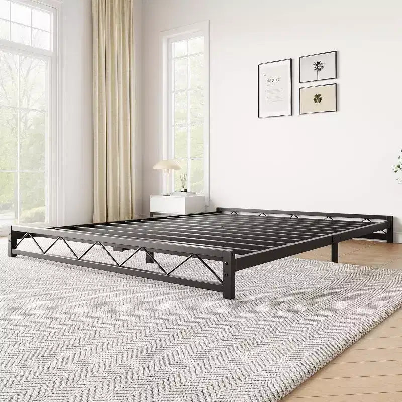 1-Piece Wavy Metal Platform Bed - 6 Low Profile Queen Size, Steel Slats No Box Spring Needed, Fits Standard Mattress