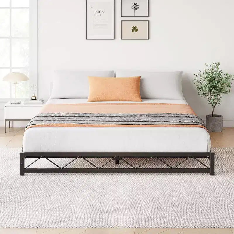 1-Piece Wavy Metal Platform Bed - 6 Low Profile Queen Size, Steel Slats No Box Spring Needed, Fits Standard Mattress