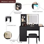 Coiffeuse avec tiroirs, ensemble de table de maquillage élégante pour chambre, avec chaise, miroir et lumières, pour chambre, noir