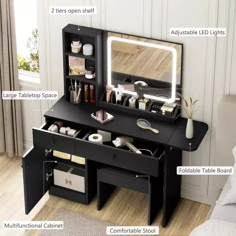 Coiffeuse avec tiroirs, ensemble de table de maquillage élégante pour chambre, avec chaise, miroir et lumières, pour chambre, noir