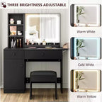 Coiffeuse avec tiroirs, ensemble de table de maquillage élégante pour chambre, avec chaise, miroir et lumières, pour chambre, noir