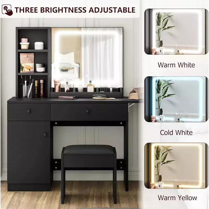Coiffeuse avec tiroirs, ensemble de table de maquillage élégante pour chambre, avec chaise, miroir et lumières, pour chambre, noir